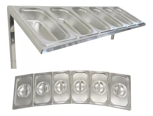 Condimentadora Pizzarola Parede Inox 6 Cubas 1/4 Com Tampas